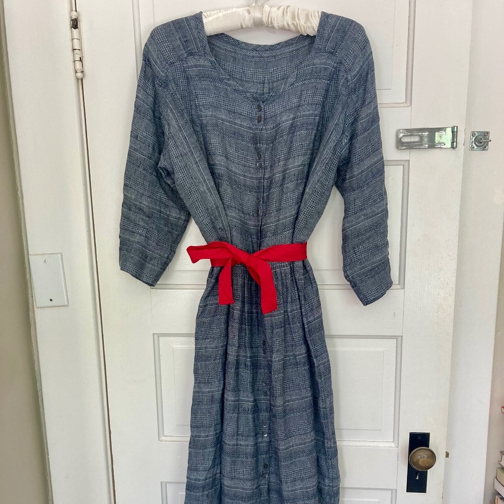 Poetry 100% linen dress with complex striping weave